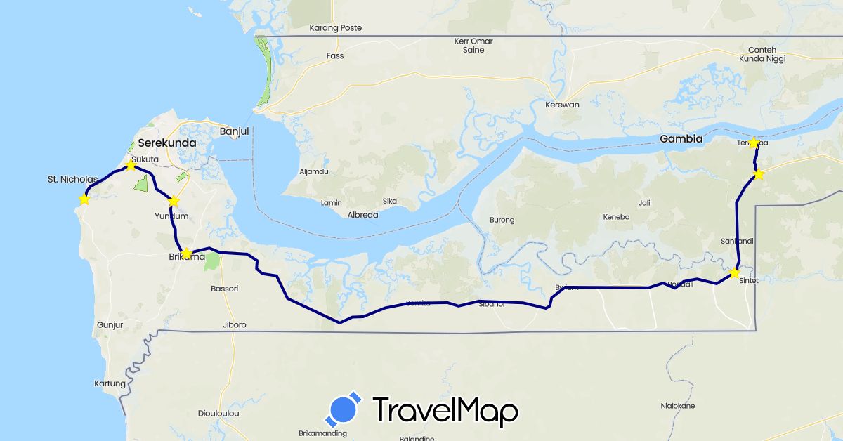 TravelMap itinerary: driving in Gambia (Africa)