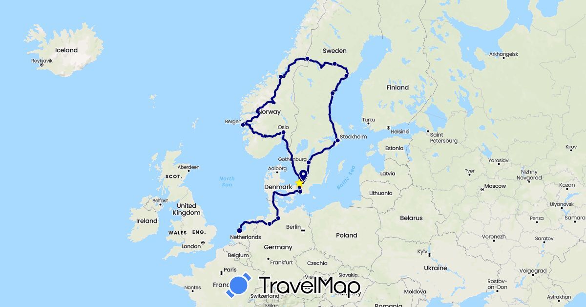 TravelMap itinerary: driving in Germany, Netherlands, Norway, Sweden (Europe)
